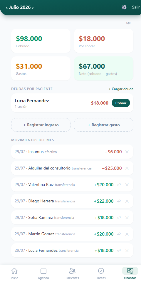 Pantalla de Finanzas en Mi Consultorio App