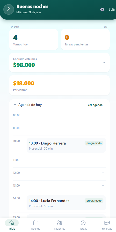 Pantalla de Inicio en Mi Consultorio App