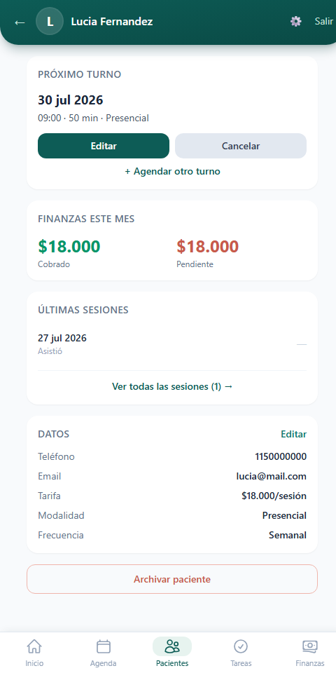 Ficha de un paciente en Mi Consultorio App