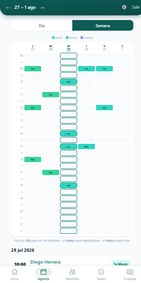 Vista Semana de la agenda en Mi Consultorio App
